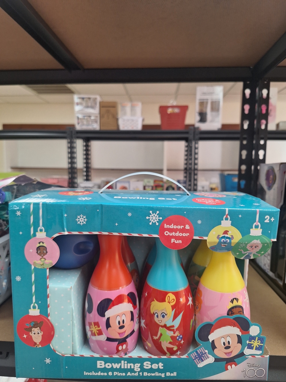 Disney Holiday Bowling Set with Teal Box and Red, Yellow, Blue Pins